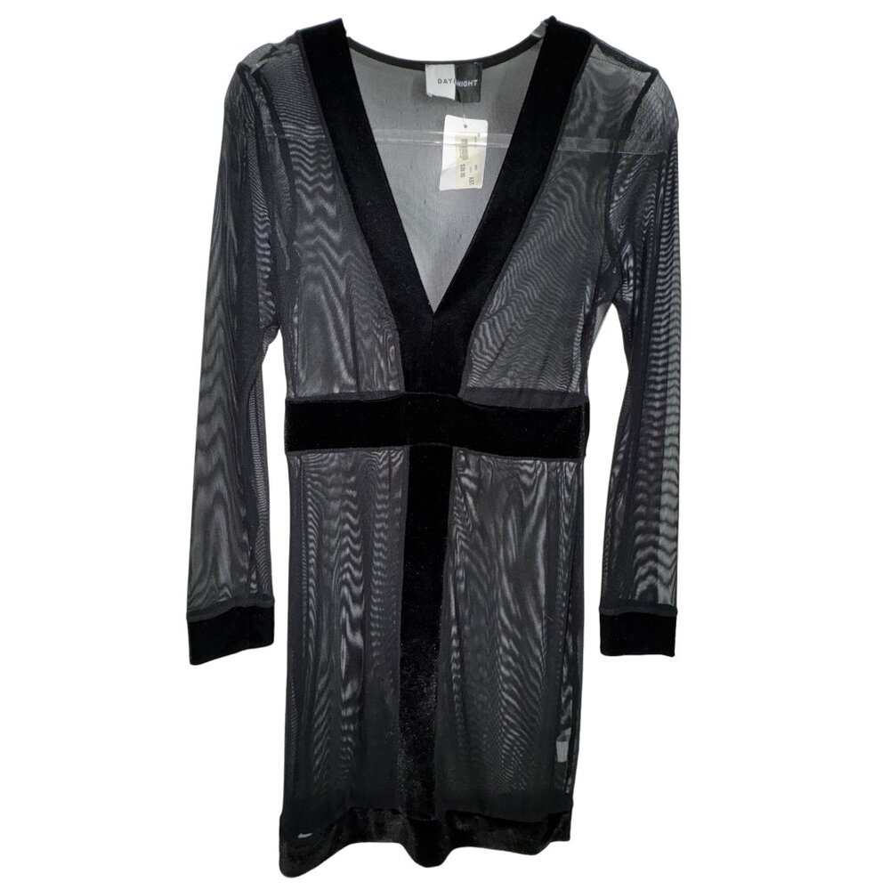 Day & Night Womens V-Neck Sheer Black Dress Medium Sexy Bodycon Velvet Trim Club